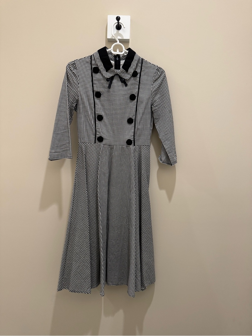 Black and White Houndstooth Fit-and-Flare Dress with Collar